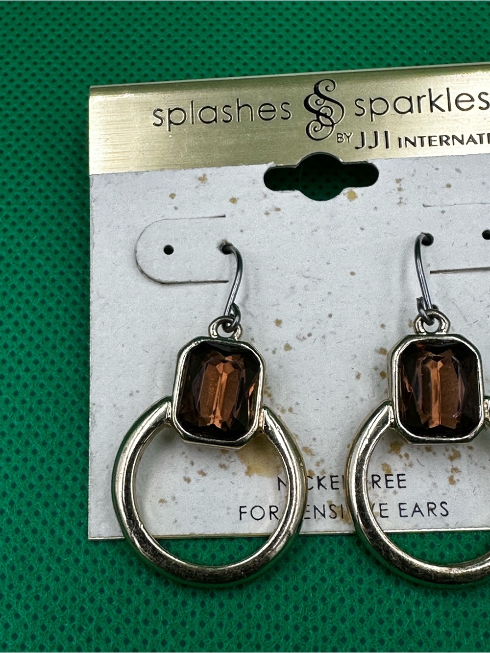 Rectangular Brown Faceted Rhinestone Hoop Drop Earrings - Picture 2 of 6